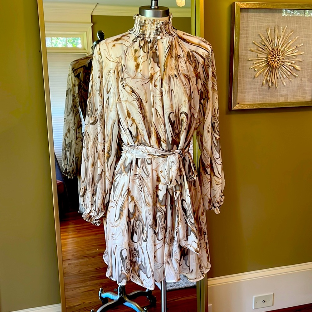 Banana Republic Cream and Brown Marble-Print Long Sleeve Tie-Waist Dress
